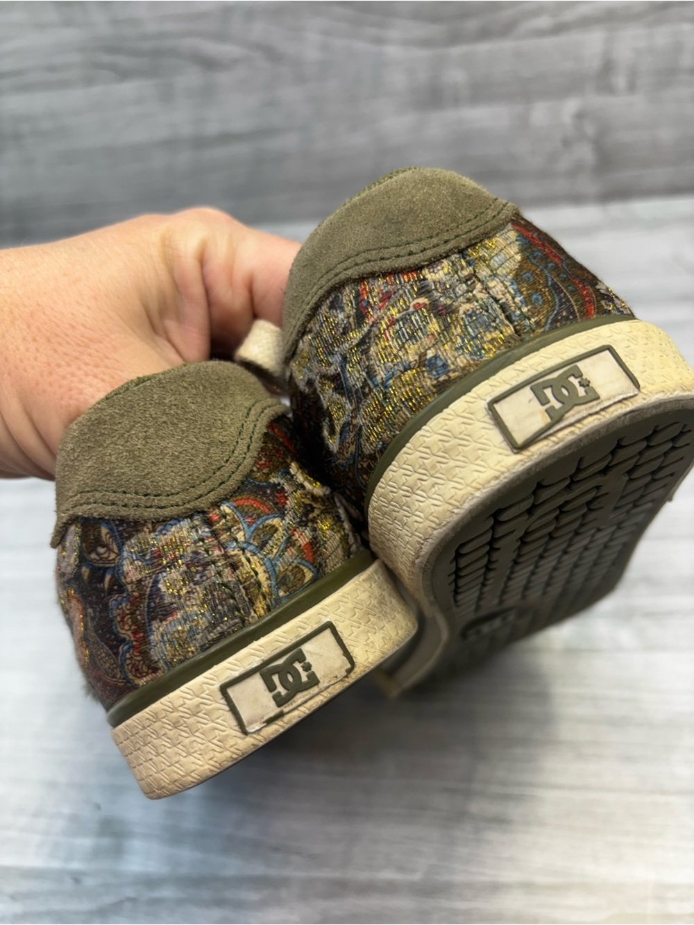 DC Women's Olive Paisley Canvas Embroidered Y2K Sneakers size 7.5 - Picture 6 of 16